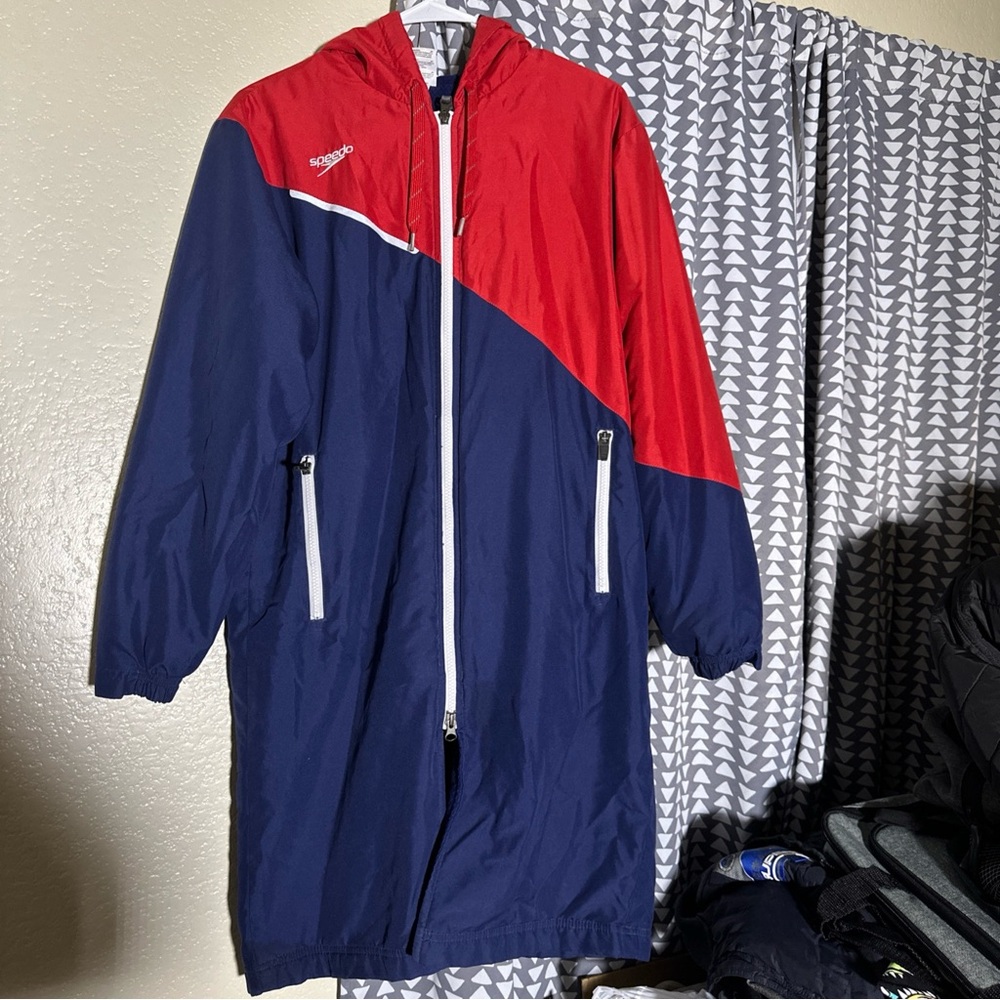 Speedo Swim Red Blue Warmup Fleece Lined Parka Long Jacket Size XS.